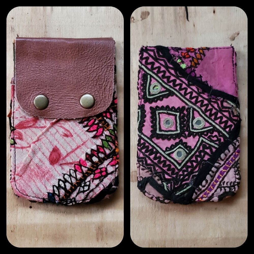 🥂🕺 Free People Boho Embroidered Repurposed vtg banjara hippie Wallet card case